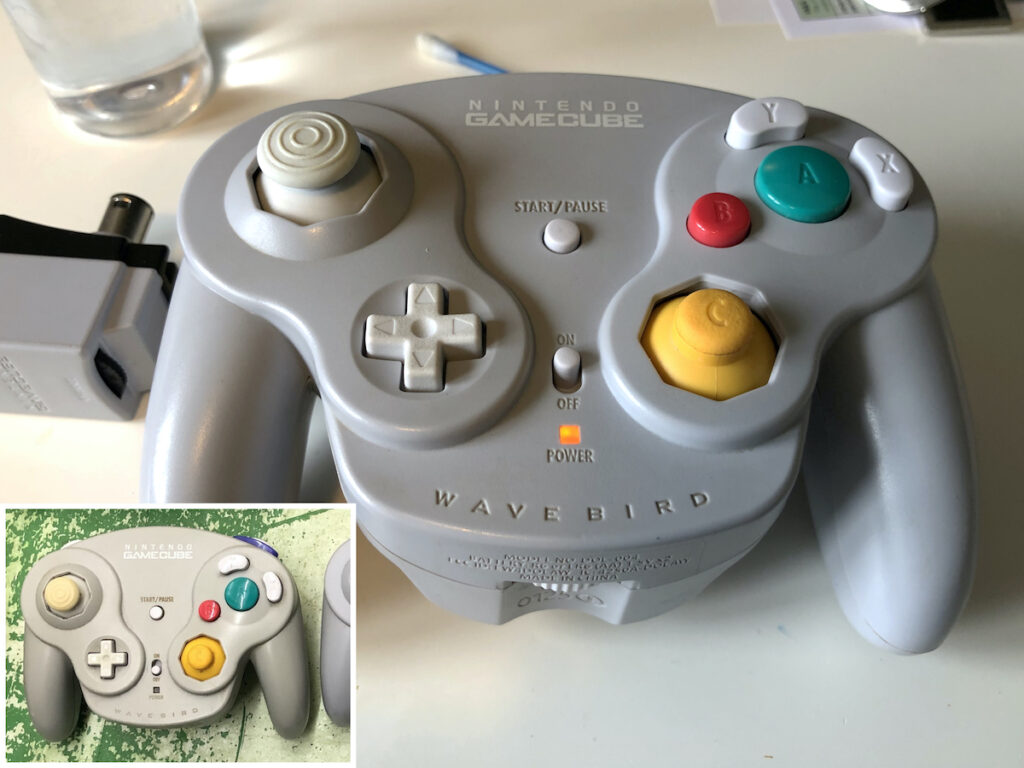 Before and after showing the previous yellowed Nintendo Wave Bird controller, then the reinstated grey after using sunlight only.