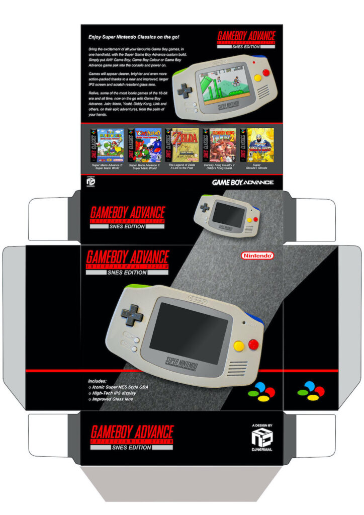 Custom Super Nintendo themed console box for the Game Boy Advance with SNES classics game selection.